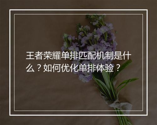 王者荣耀单排匹配机制是什么?如何优化单排体验?