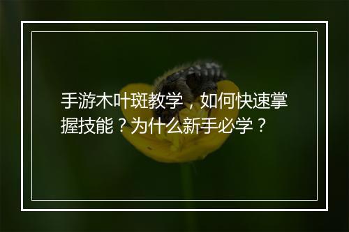 手游木叶斑教学，如何快速掌握技能？为什么新手必学？