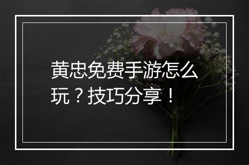 黄忠免费手游怎么玩?技巧分享!