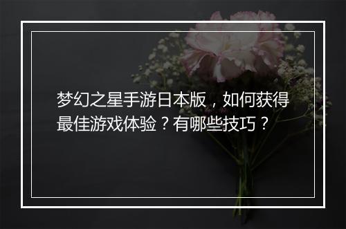 梦幻之星手游日本版,如何获得最佳游戏体验?有哪些技巧?